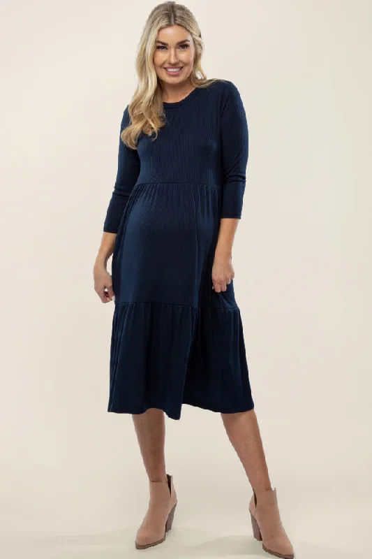 Women's High-Fashion Garments Urban Style Promotions Navy Tiered Ribbed 3/4 Sleeve Maternity Midi Dress