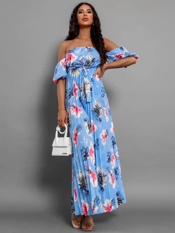 Women's Vintage-Inspired Clothing Casual Chic Deals Pleated Floral Off-Shoulder Short Sleeve Midi Dress