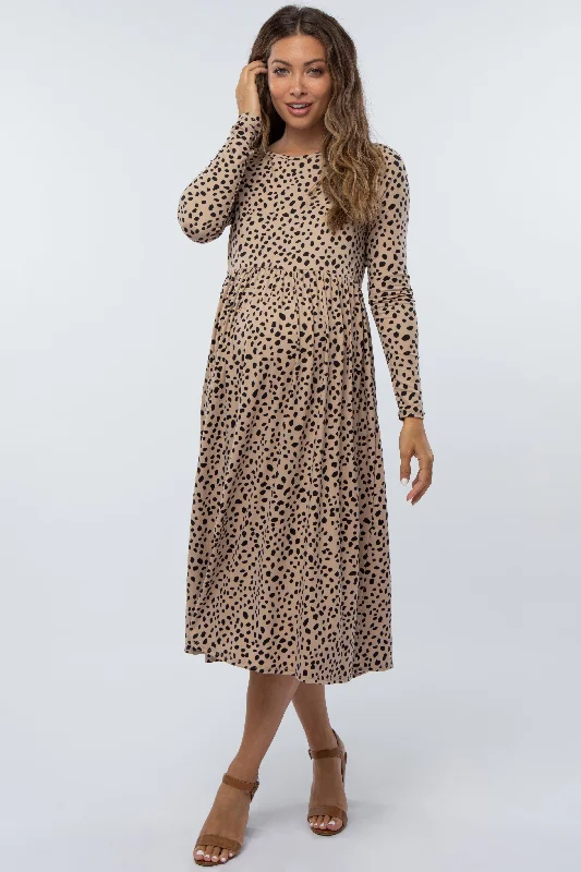 Women's Occasion Wear Clothing Style Breakthroughs Taupe Abstract Animal Print Maternity Midi Dress