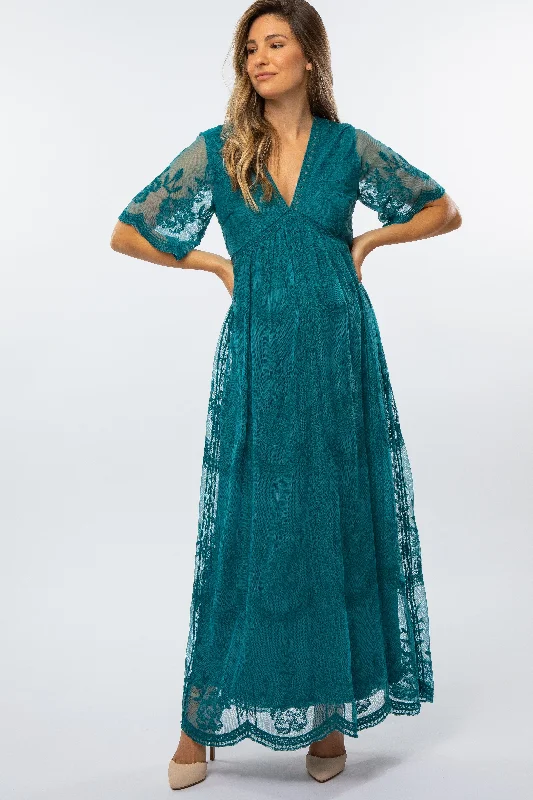 Fashionable Women's Casual Apparel Quick Grab Deals Teal Lace Mesh Overlay Maternity Maxi Dress