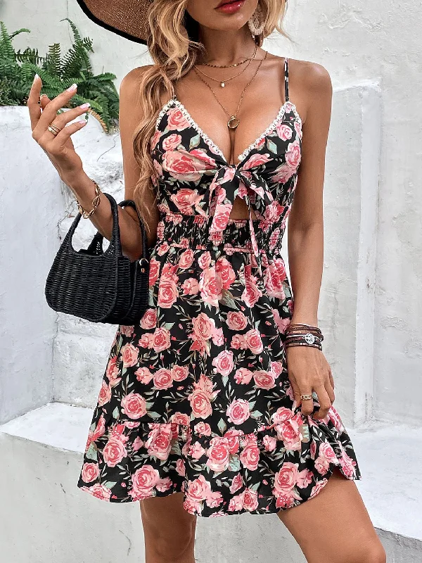 Women's Elegant Evening Outfit Timeless Elegance Redefined Tied Rose Print Spaghetti Strap Dress