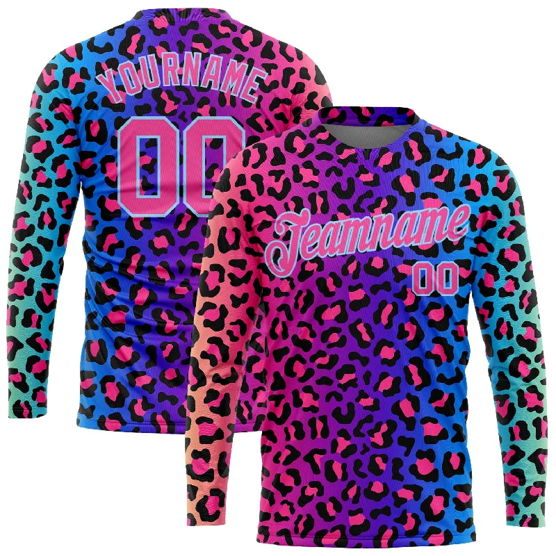 Sustainable And Ethical Unisex Clothing Elegant Fashion Offers Custom Purple Pink-Light Blue Leopard 3D Pattern Long Sleeve Performance T-Shirt