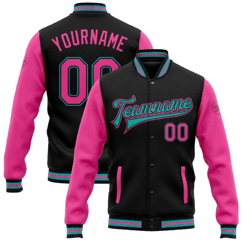 Urban-Inspired Unisex Fashion Pieces Seize Bargains Custom Black Pink-Aqua Bomber Full-Snap Varsity Letterman Two Tone Jacket