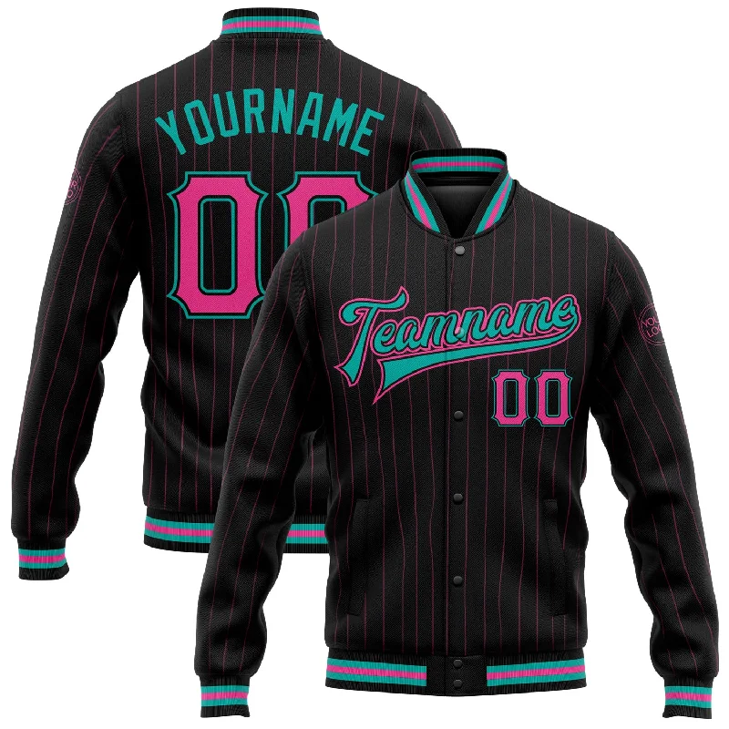 Unisex Casual Fashion Trends Gift Ideas Custom Black Pink Pinstripe Aqua Bomber Full-Snap Varsity Letterman Jacket