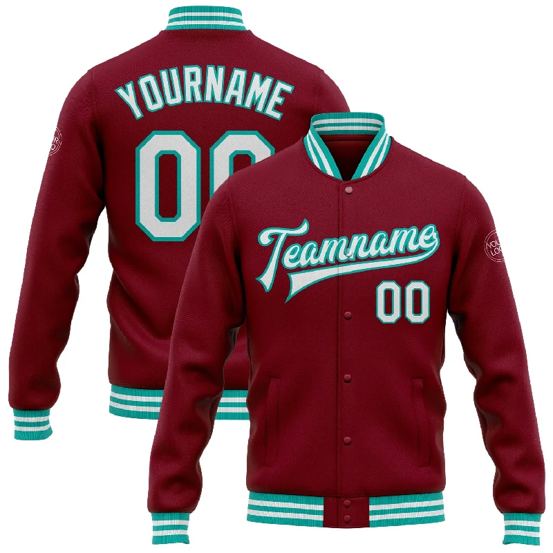 Trendy Unisex Smart Casual Deals Custom Crimson White-Aqua Bomber Full-Snap Varsity Letterman Jacket