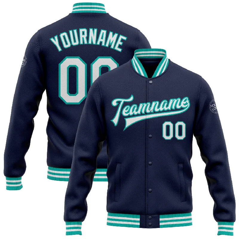 High-Quality Unisex Fashion Basics Seize Bargains Custom Navy White-Aqua Bomber Full-Snap Varsity Letterman Jacket