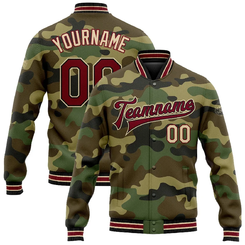 Sleek And Stylish Unisex Outerwear Special Offers, Don't Miss Custom Camo Crimson Black-City Cream Bomber Full-Snap Varsity Letterman Salute To Service Jacket