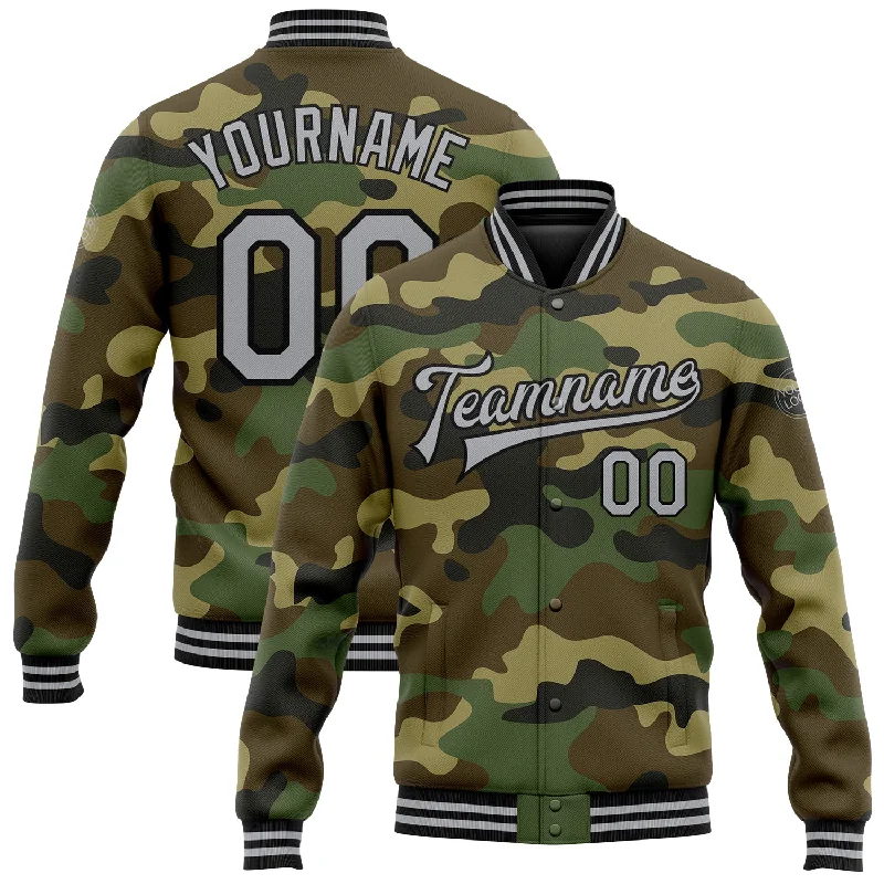 Comfortable Gender-Free Fashion Choices Step Ahead, Lead The Trend Custom Camo Gray-Black Bomber Full-Snap Varsity Letterman Salute To Service Jacket