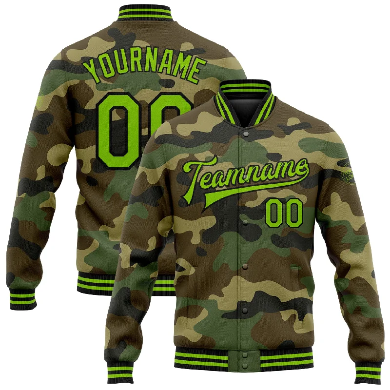 Casual And Trendy Unisex Fashion Staples The Latest Fashion Trends Custom Camo Neon Green-Black Bomber Full-Snap Varsity Letterman Salute To Service Jacket