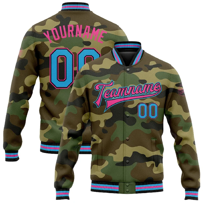 Urban-Inspired Unisex Fashion Trends Chic And Edgy Custom Camo Sky Blue Black-Pink Bomber Full-Snap Varsity Letterman Salute To Service Jacket