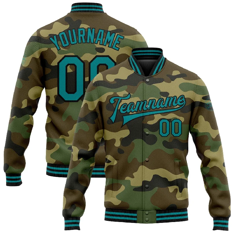 Modern Unisex Streetwear Outfits New Season Fashion Preview Custom Camo Teal-Black Bomber Full-Snap Varsity Letterman Salute To Service Jacket