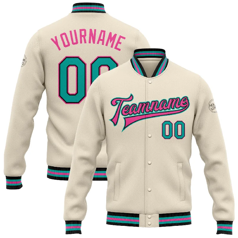 Lightweight And Breathable Unisex Wear Special Offers Custom Cream Aqua Black-Pink Bomber Full-Snap Varsity Letterman Jacket