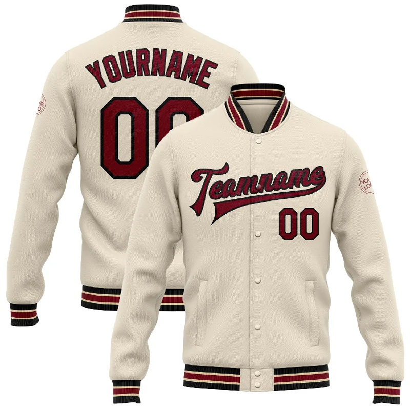 Comfortable And Stylish Unisex Outfits Limited Time Special Offer Custom Cream Crimson Black-City Cream Bomber Full-Snap Varsity Letterman Jacket