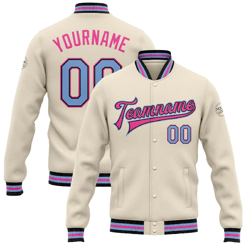 Sleek And Contemporary Gender-Free Outfits Hot Deals Custom Cream Light Blue Black-Pink Bomber Full-Snap Varsity Letterman Jacket