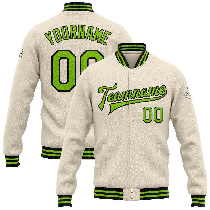 Functional And Stylish Unisex Wear Limited Edition Custom Cream Neon Green-Black Bomber Full-Snap Varsity Letterman Jacket