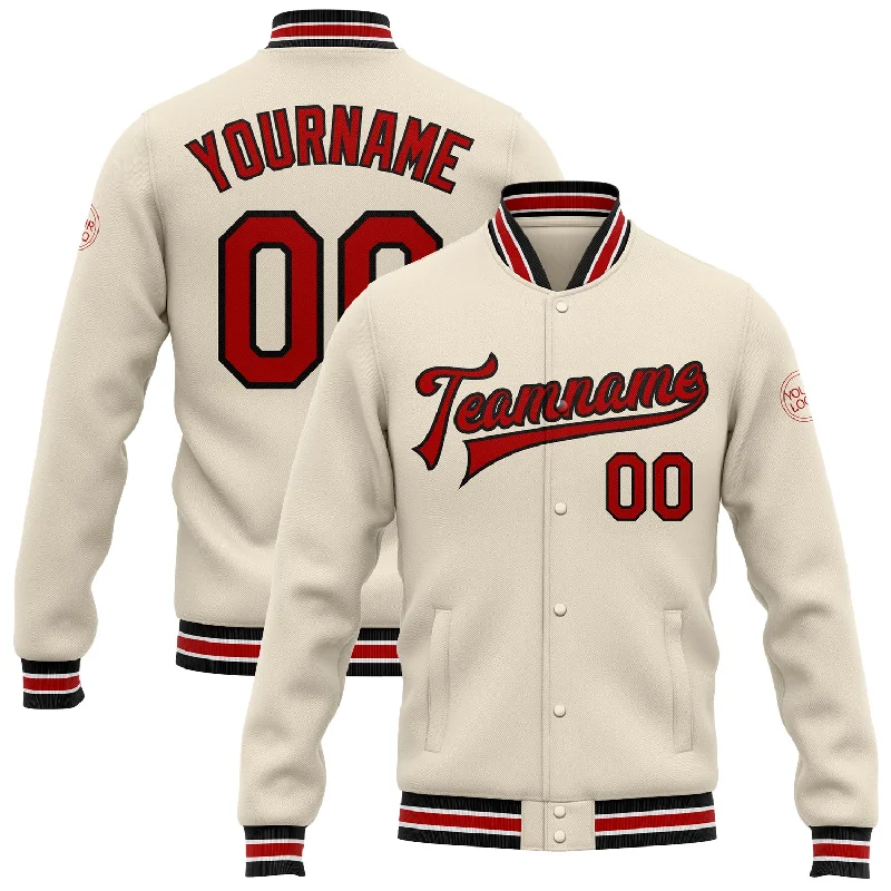 Trendy Unisex Streetwear Fashion Find Your Unique Flair Custom Cream Red-Black Bomber Full-Snap Varsity Letterman Jacket