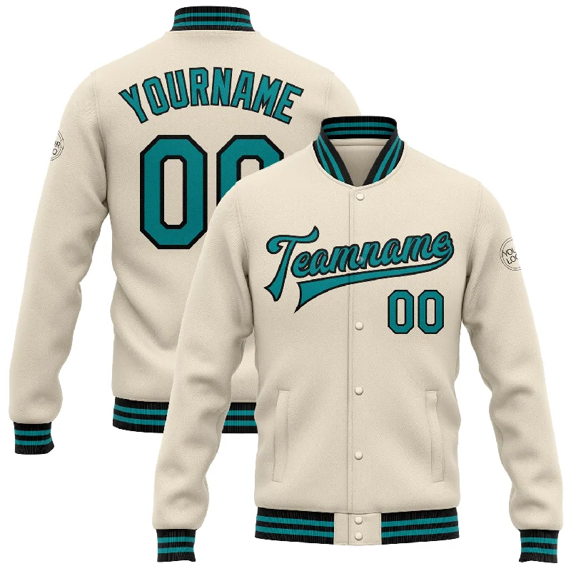 Bold And Trendy Gender-Neutral Outfits Gift Ideas Custom Cream Teal-Black Bomber Full-Snap Varsity Letterman Jacket