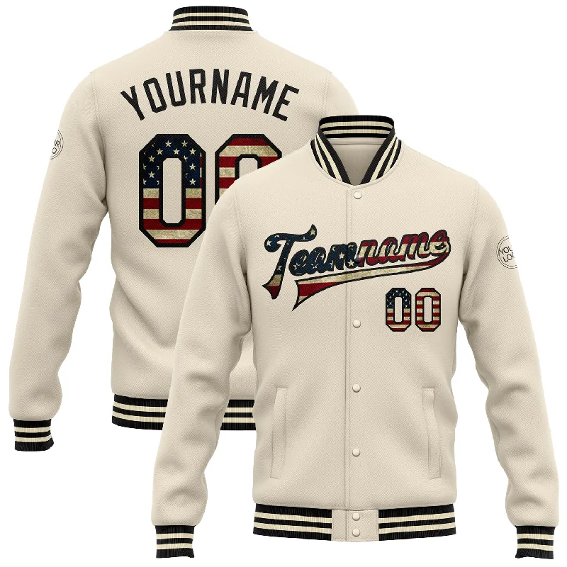 Comfortable Unisex Streetwear Massive Savings Custom Cream Vintage USA Flag-Black Bomber Full-Snap Varsity Letterman Jacket