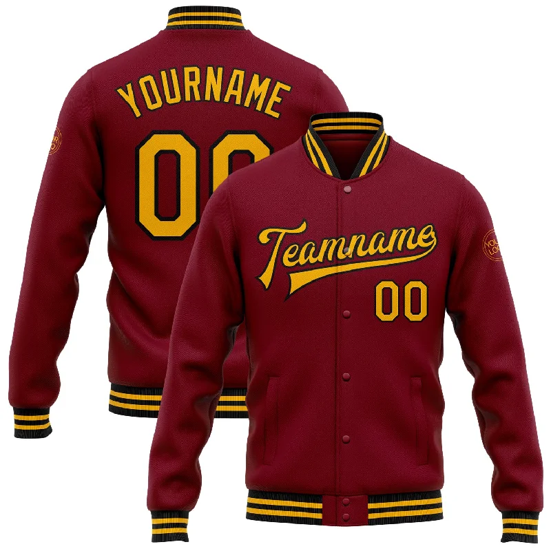 Urban-Inspired Unisex Fashion Pieces Casual Yet Chic Sales Custom Crimson Gold-Black Bomber Full-Snap Varsity Letterman Jacket