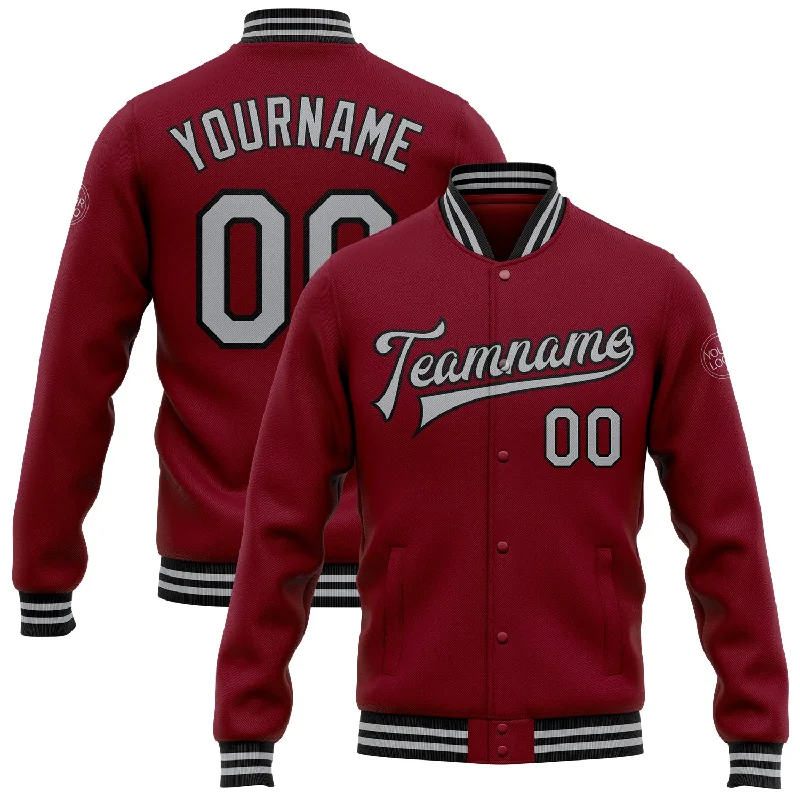 Modern Unisex Streetwear Outfits Street Chic Discounts Custom Crimson Gray-Black Bomber Full-Snap Varsity Letterman Jacket