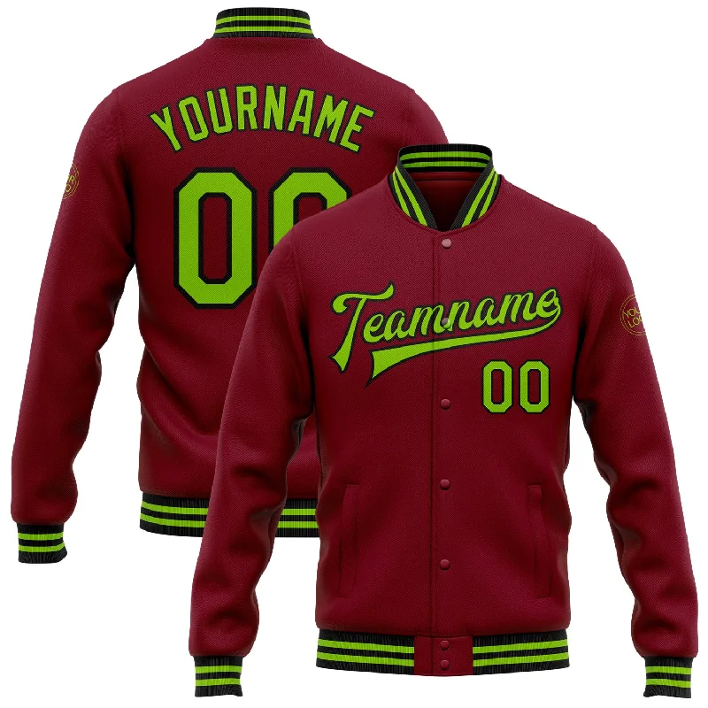 High-Quality Unisex Basics For Everyday Wear Classy Style Discounts Custom Crimson Neon Green-Black Bomber Full-Snap Varsity Letterman Jacket