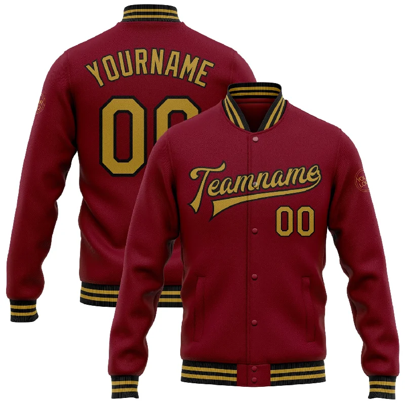 Minimalist Unisex Wardrobe Must-Haves Romantic Chic Deals Custom Crimson Old Gold-Black Bomber Full-Snap Varsity Letterman Jacket