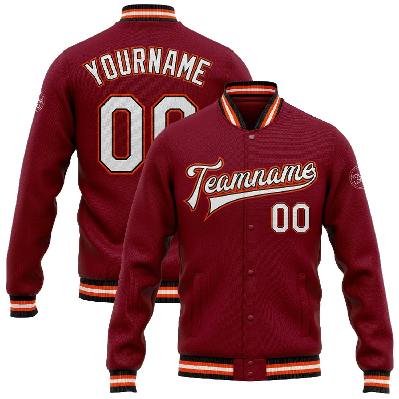 Functional And Stylish Unisex Outerwear Exclusive Designer Style Deals Custom Crimson White Black-Orange Bomber Full-Snap Varsity Letterman Jacket