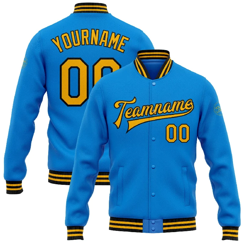 Minimalist Unisex Fashion Essentials Fast Fashion Favorites Custom Powder Blue Gold-Black Bomber Full-Snap Varsity Letterman Jacket