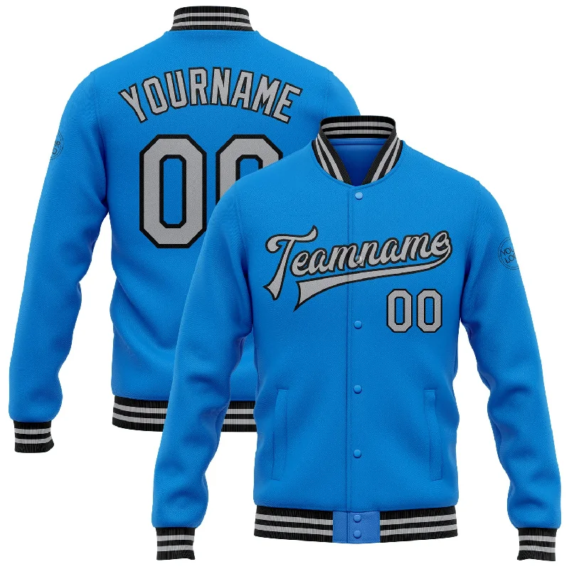 Functional And Stylish Unisex Wear Limited Time Flash Sale Custom Powder Blue Gray-Black Bomber Full-Snap Varsity Letterman Jacket