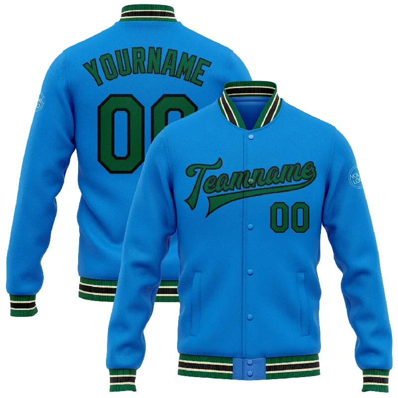 Comfortable And Stylish Unisex Outfits Summer Deals Custom Powder Blue Kelly Green Black-Cream Bomber Full-Snap Varsity Letterman Jacket