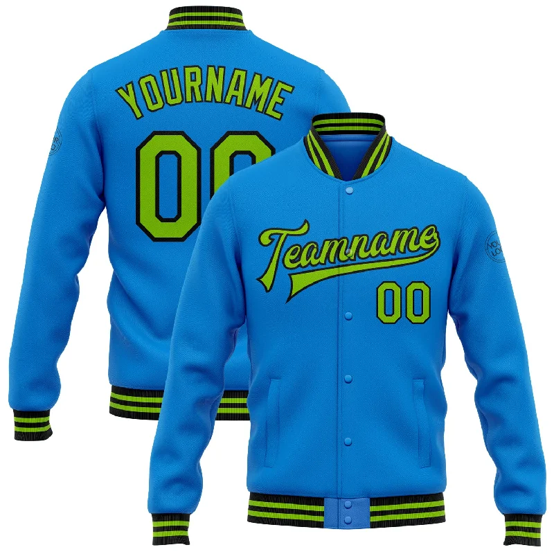 Classic And Timeless Unisex Style Massive Selection Sale Custom Powder Blue Neon Green-Black Bomber Full-Snap Varsity Letterman Jacket