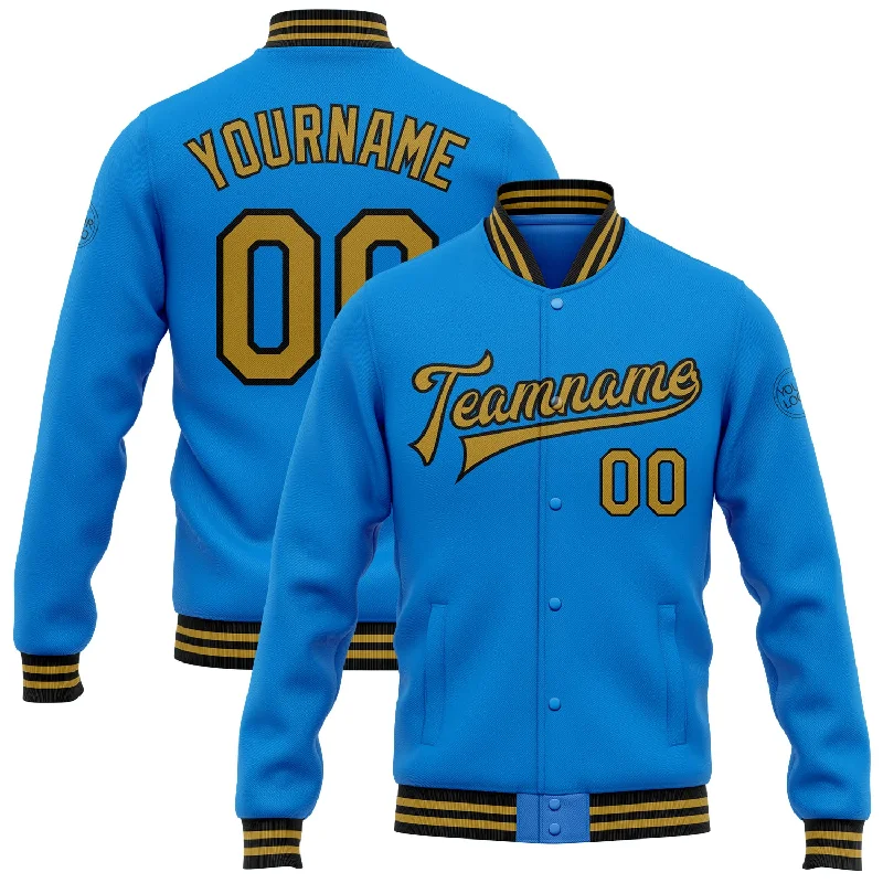 Versatile Unisex Layering Pieces Style Without Limits Custom Powder Blue Old Gold-Black Bomber Full-Snap Varsity Letterman Jacket