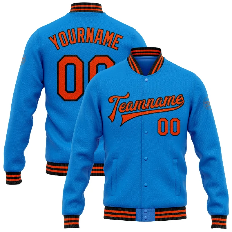 Gender-Neutral Clothing Styles Essentials On Sale Custom Powder Blue Orange-Black Bomber Full-Snap Varsity Letterman Jacket