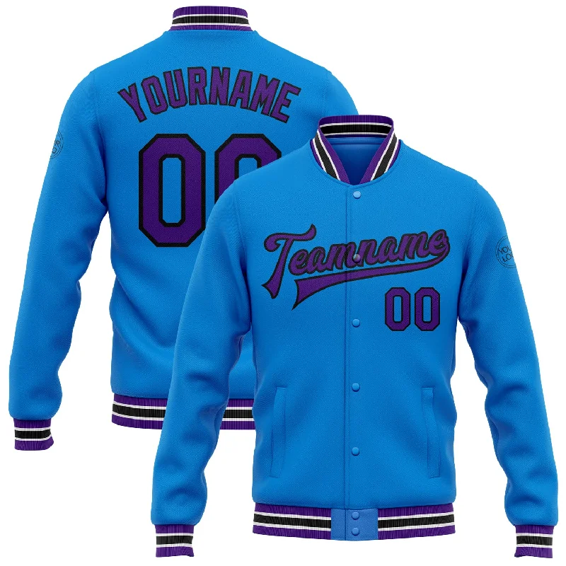 Oversized And Relaxed Unisex Fashion Modern Chic Discounts Custom Powder Blue Purple-Black Bomber Full-Snap Varsity Letterman Jacket