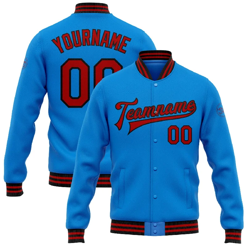 Oversized Unisex Fashion Pieces Final Sale Custom Powder Blue Red-Black Bomber Full-Snap Varsity Letterman Jacket