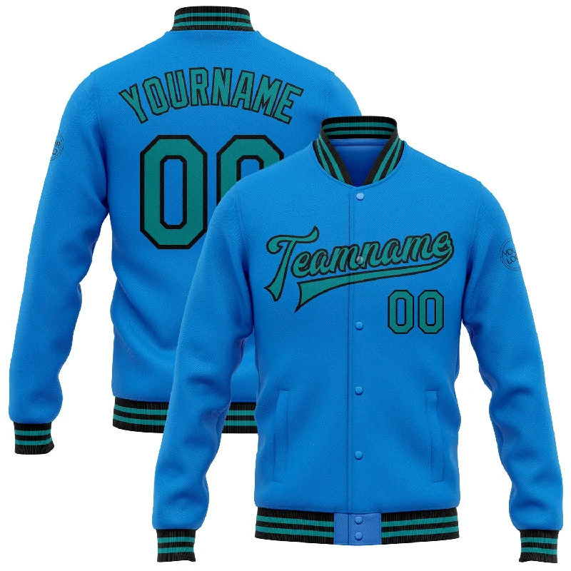 Sleek And Contemporary Gender-Free Outfits Trendy Fashion Sale Custom Powder Blue Teal-Black Bomber Full-Snap Varsity Letterman Jacket