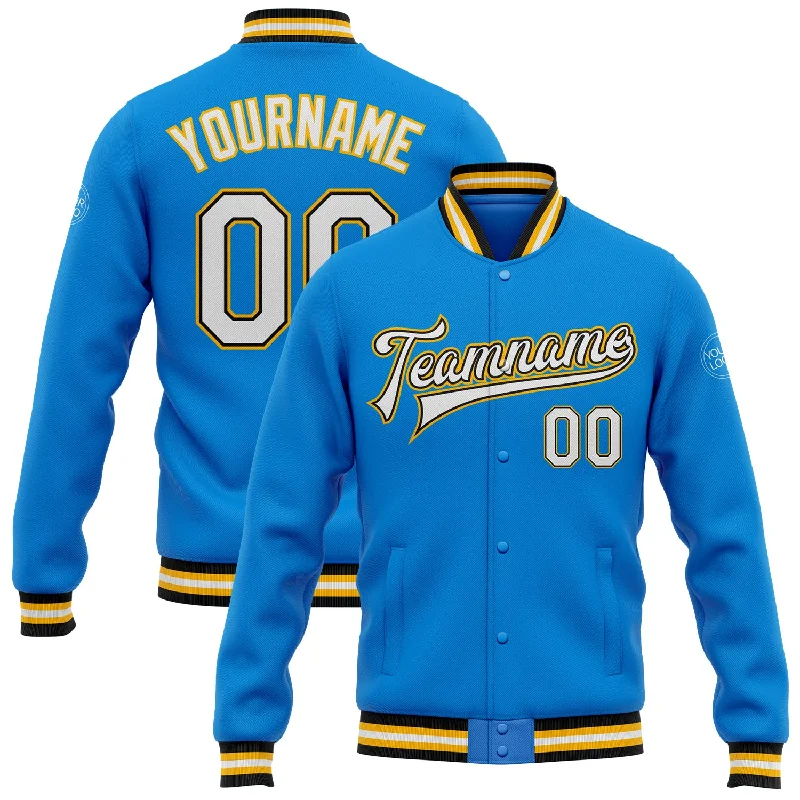 Minimalist Unisex Wardrobe Must-Haves Shop Sales Custom Powder Blue White Black-Gold Bomber Full-Snap Varsity Letterman Jacket