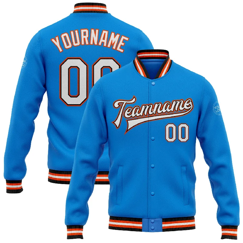 Modern Unisex Streetwear Outfits Quick Grab Deals Custom Powder Blue White Black-Orange Bomber Full-Snap Varsity Letterman Jacket