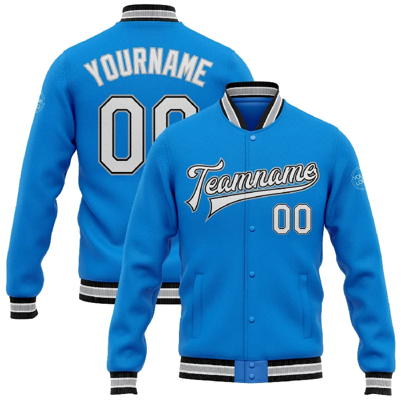 Comfortable Unisex Streetwear Easy Elegance Sales Custom Powder Blue White Black-Gray Bomber Full-Snap Varsity Letterman Jacket