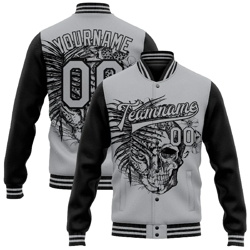 Versatile Clothing For All Genders Top Deals Custom Gray Black Tropical Plant Leopard Skull Fashion 3D Bomber Full-Snap Varsity Letterman Two Tone Jacket