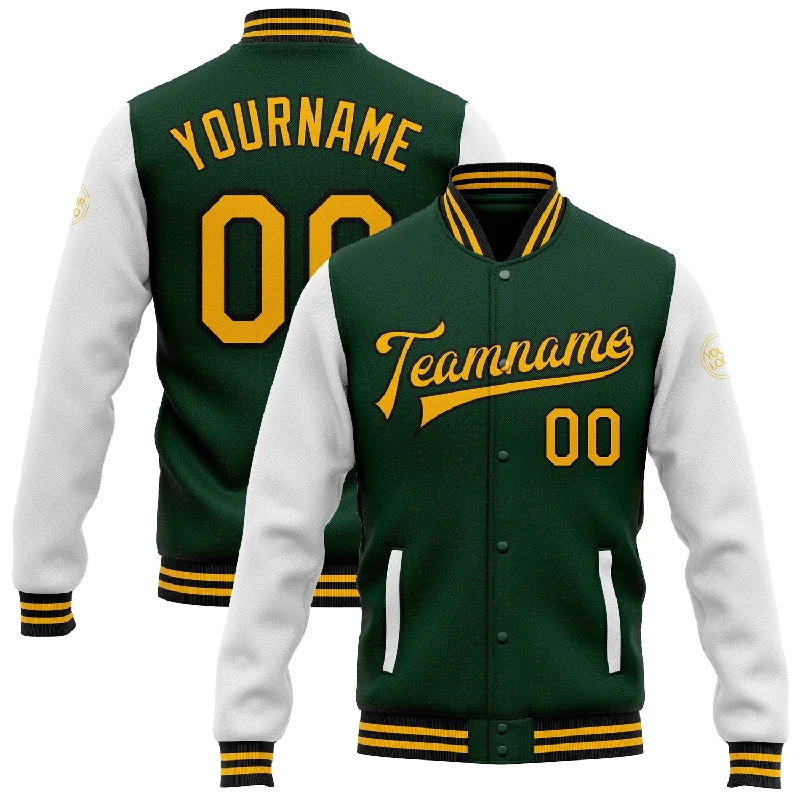 Modern Unisex Streetwear Outfits Chic And Edgy Custom Green Gold-Black Bomber Full-Snap Varsity Letterman Two Tone Jacket