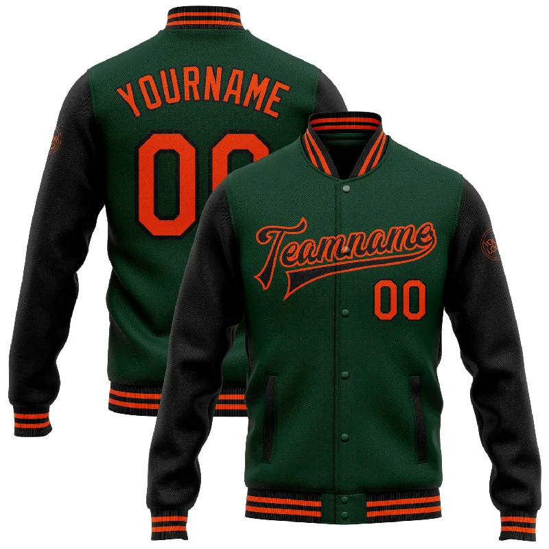 High-Quality Unisex Basics For Everyday Wear Seasonal Clearance Custom Green Orange-Black Bomber Full-Snap Varsity Letterman Two Tone Jacket