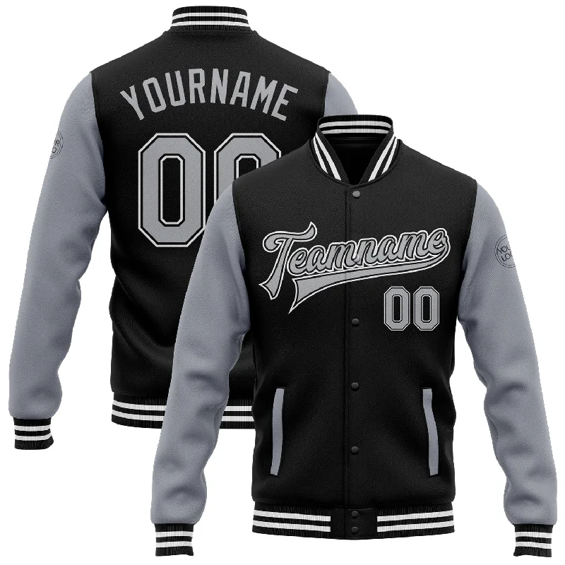 Comfortable And Stylish Unisex Outfits Sleek Style Discounts Custom Black Gray Bomber Full-Snap Varsity Letterman Two Tone Jacket