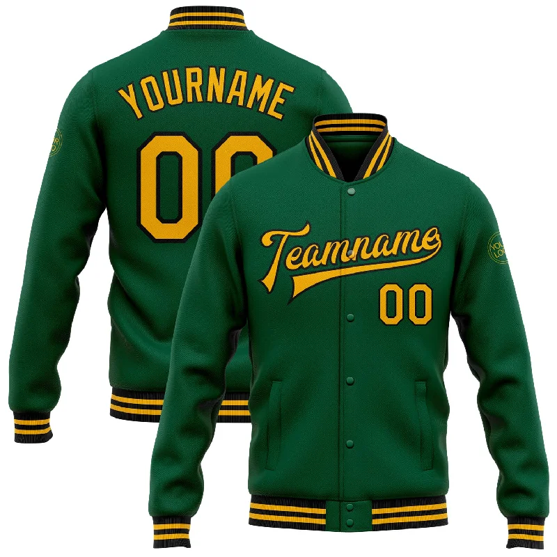 Fashion-Forward Unisex Apparel End-Of-Season Clearance Custom Kelly Green Gold-Black Bomber Full-Snap Varsity Letterman Jacket