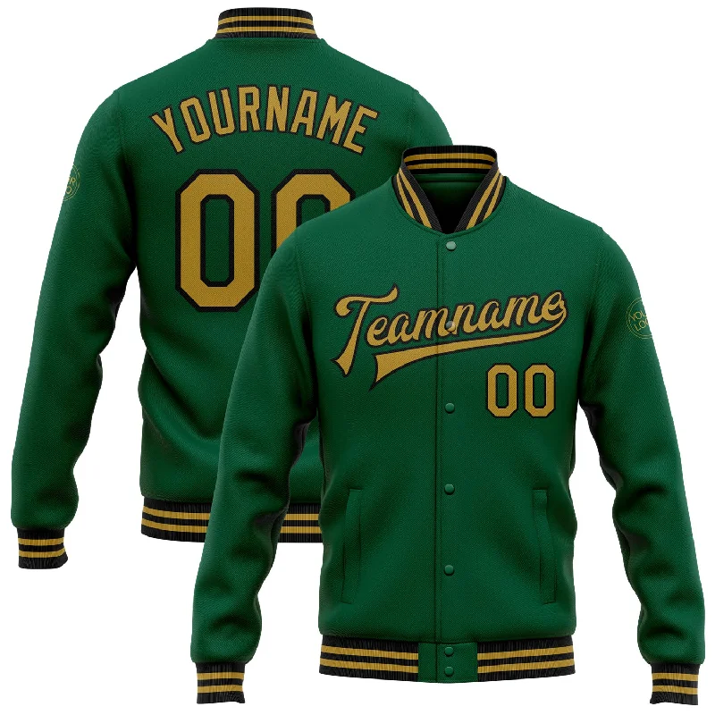 Versatile Clothing For All Genders Comfort Meets Fashion Custom Kelly Green Old Gold-Black Bomber Full-Snap Varsity Letterman Jacket