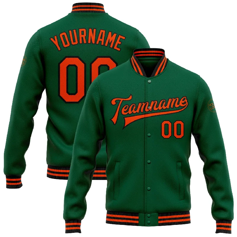 Contemporary Gender-Free Clothing Styles Durable Fashion Picks Custom Kelly Green Orange-Black Bomber Full-Snap Varsity Letterman Jacket