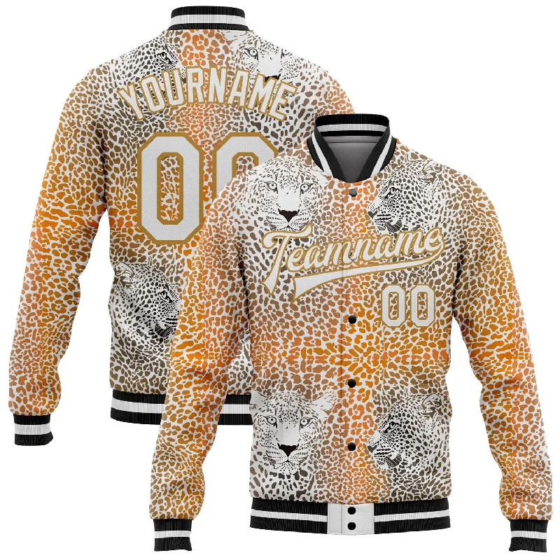 High-Quality Unisex Basics For Everyday Wear Fashion Forward, Function First Custom Old Gold White-Black Leopard 3D Pattern Design Bomber Full-Snap Varsity Letterman Jacket