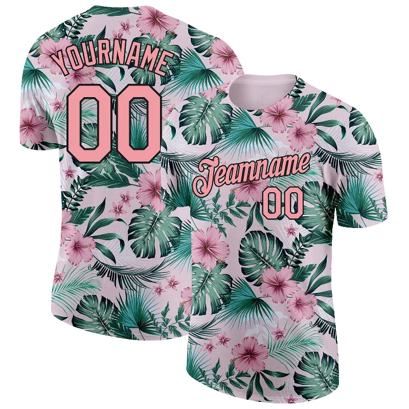 Sleek And Comfortable Unisex Wear Special Offers Custom Pink Medium Pink-Black 3D Pattern Design Hawaii Palm Leaves And Flowers Performance T-Shirt