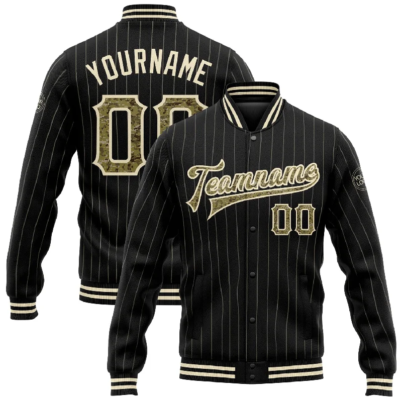 Chic And Casual Unisex Fashion Trends Summer Deals Custom Black Cream Pinstripe Camo Bomber Full-Snap Varsity Letterman Jacket