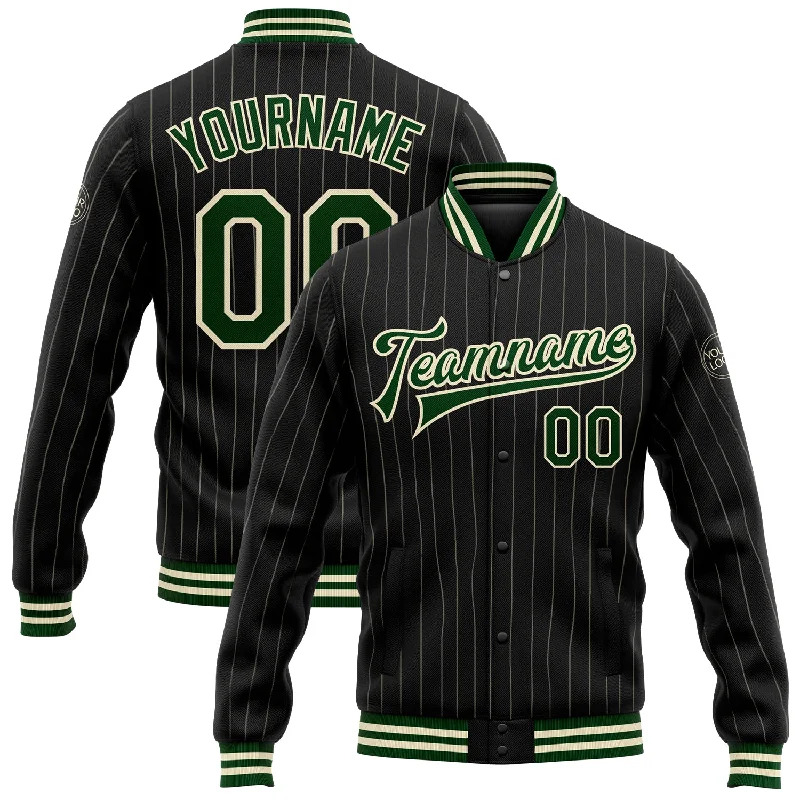 Sleek And Contemporary Gender-Free Outfits Daily Deals Custom Black Cream Pinstripe Green Bomber Full-Snap Varsity Letterman Jacket